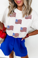 White Sequin American Flag Patched Casual T Shirt - Aaria Tees
