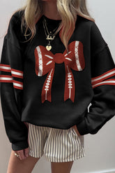 Black Varsity Baseball Bow Graphic Striped Sleeve Baggy Sweatshirt - Aaria Tees