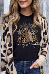 Black Leopard Christmas Tree Graphic Crew Neck T Shirt - Aaria Tees