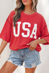 Fiery Red USA Graphic Half Sleeve Loose Ribbed Top - Aaria Tees