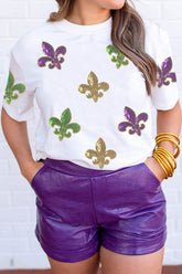 White Mardi Gras Fleur De Lis Sequin Graphic T Shirt - Aaria Tees