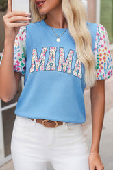 Light Blue Floral Sleeve Mama Graphic Top with Textured Knit - Aaria Tees
