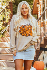 Khaki Halloween Leopard Pumpkin Graphic Corded Sweatshirt - Aaria Tees
