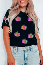 Black Sequined Pumpkin Graphic Round Neck Casual T Shirt - Aaria Tees