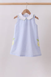 Blue stripe seersucker lemon applique dress - Aaria Tees