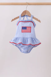 Blue flag applique gingham ruffle one-piece swimsuit - Aaria Tees