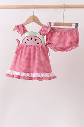 Red watermelon ruffle gingham bloomer set - Aaria Tees
