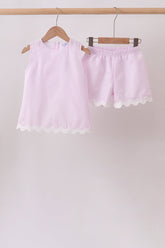 Pink Seersucker Stripe Scalloped Shorts Set - Aaria Tees