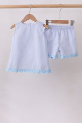 Blue Seersucker Stripe Scalloped Shorts Set - Aaria Tees
