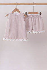 Khaki Seersucker Stripe Scalloped Shorts Set - Aaria Tees