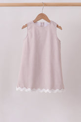 Khaki Seersucker Stripe Scalloped Dress - Aaria Tees