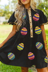 Black Glistening Easter Egg Sequin Trim Half Button Puff Sleeve Dress - Aaria Tees