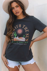 Dark Grey RISE WITH THE SUN Western Fashion Graphic Tee - Aaria Tees