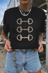 Black Western Horse Bit Printed Relaxed T Shirt - Aaria Tees