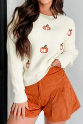 Beige Pumpkin Embroidered Ribbed Thanksgiving Halloween Holiday Sweater - Aaria Tees