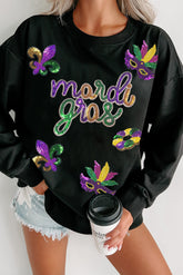 Black Sequin mardi gras Fleur de Lis Graphic Pullover Sweatshirt - Aaria Tees