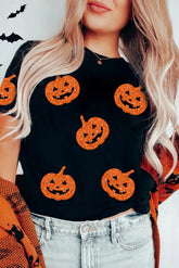 Black Glittering Pumpkin Face Graphic Crewneck Halloween T Shirt - Aaria Tees