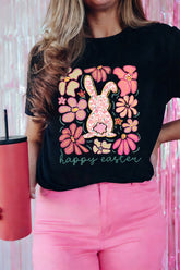 Black Happy Easter Bunny Flower Printed Casual Tee - Aaria Tees