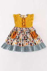 Platinum Yellow halloween dot ruffle pocket dress - Aaria Tees