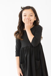 Black 3/4 Sleeve Pocket Twirl Dress - Aaria Tees