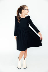 Black L/S Ruffle Twirl Dress - Aaria Tees