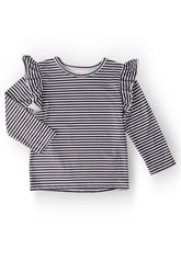 Black & White Stripe L/S Ruffle Tee - Aaria Tees