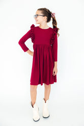 Burgundy L/S Ruffle Twirl Dress - Aaria Tees
