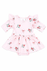 Winter Berries 3/4 Sleeve Flutter Twirl Bodysuit - Aaria Tees