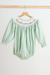 Green bow tie hand smocked gingham girl bubble - Aaria Tees