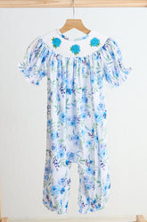 Blue rose hand smocked print girl romper - Aaria Tees
