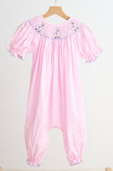 Pink alpaca hand smocked gingham girl romper - Aaria Tees