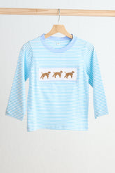 Blue puppy hand smocked boy stripe top - Aaria Tees