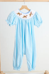Blue puppy hand smocked girl romper - Aaria Tees