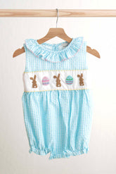 Blue easter bunny egg french knot girl gingham seersucker bubble - Aaria Tees