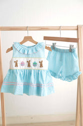 Blue easter bunny egg french knot girl gingham seersucker set - Aaria Tees