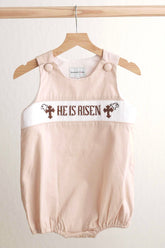 Khaki he is risen hand-smocked boy bubble - Aaria Tees