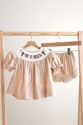 Khaki he is risen hand-smocked girl bloomer set - Aaria Tees