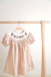 Khaki he is risen hand-smocked girl dress - Aaria Tees