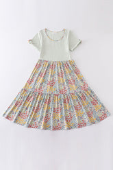 Platinum flroal print stripe tiered dress for adult - Aaria Tees