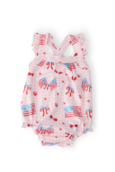 Fancy Flags Ruffle Cross Back Romper - Aaria Tees