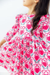 Fluttering Hearts 3/4 Sleeve Ruffle Twirl Dress - Aaria Tees