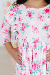 Gingham Bows 3/4 Sleeve Ruffle Twirl Dress - Aaria Tees