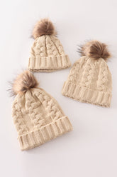 Beige pompom cable beanie hat - Aaria Tees
