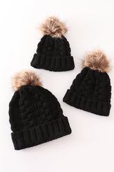 Black pompom cable beanie hat - Aaria Tees