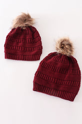 Burgundy pompom cable beanie hat - Aaria Tees