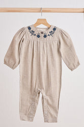 Grey floral embroidery linen girl romper - Aaria Tees