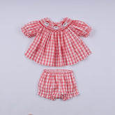 Red christmas santa claus hand smocked plaid bloomer set - Aaria Tees