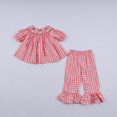 Red christmas santa claus hand smocked plaid ruffle pants set - Aaria Tees
