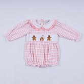 Pink gingerbread hand smocked gingham ruffle bubble - Aaria Tees