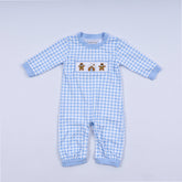 Blue gingerbread hand smocked gingham romper - Aaria Tees